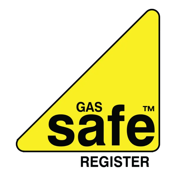 Yellow triangle with black text: GAS safe REGISTER, a gas safety certification logo.