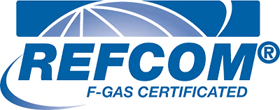 REFCOM logo with stylized blue text and globe graphic, including the tagline E-GAS CERTIFICATED.